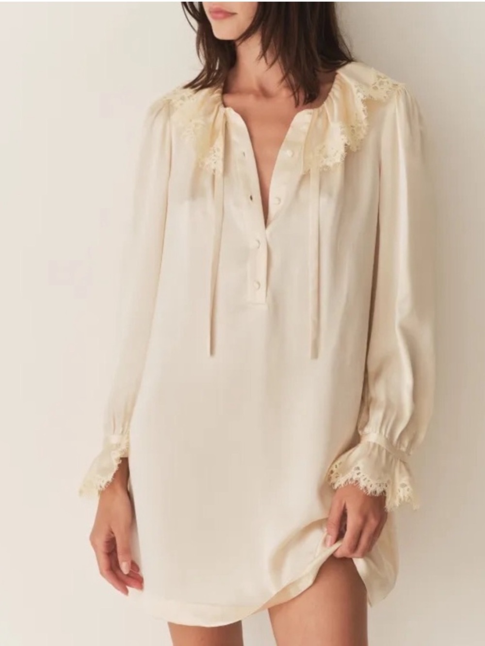 Doen Leyah Silk Lace Ruffle Collar Long Sleeve Mini Dress Candlelight Cream